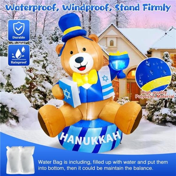 6 FT Hanukkah Inflatable Gentleman Bear Holding Menorah and Bible Outdoor Decor - Picture 6 of 6